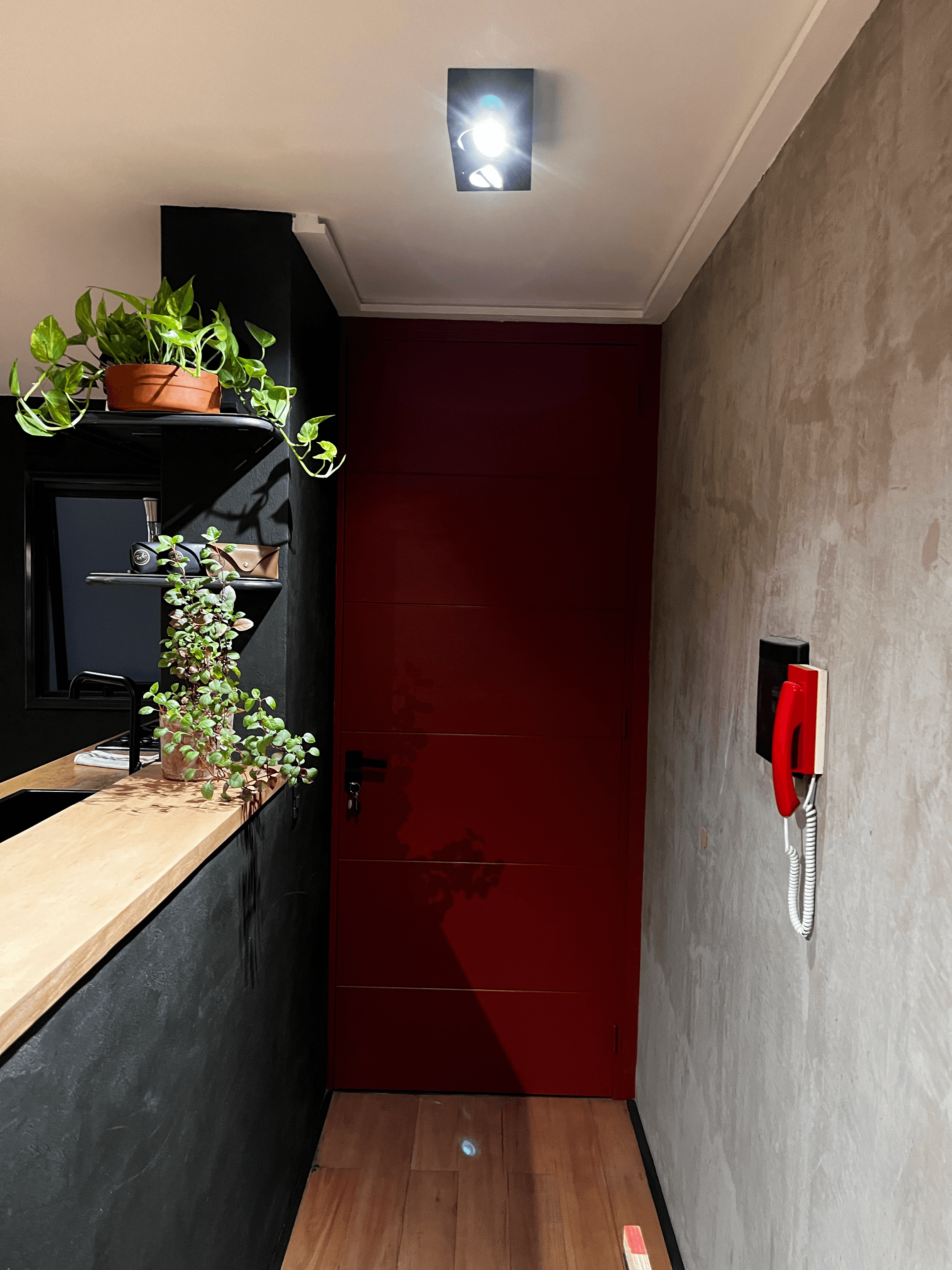 Detalle del balcón con plantas y banqueta